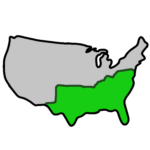A gray map of the United States, with the southern region highlighted in green.